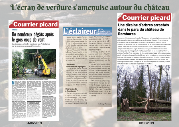 Articles de presse relatant les dégâts naturels causés par les tempêtes et la tornade